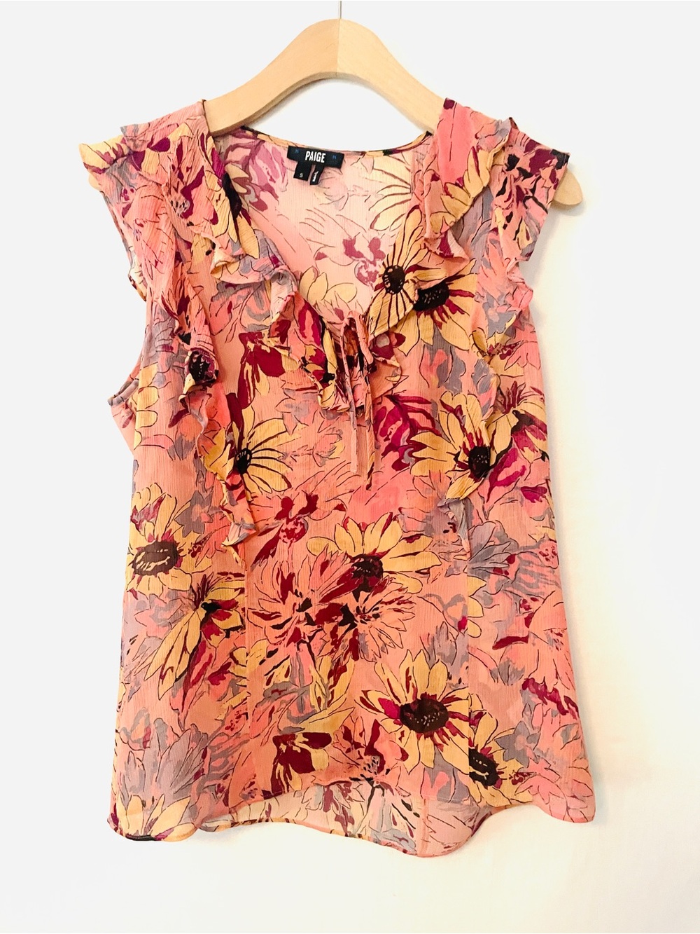 PAIGE Pink Floral Silk LTD Ruffle Cap-Sleeve Top